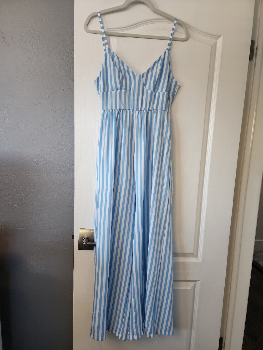 Light Blue & White Striped Wide Leg Cami Spaghetti Straps Jumpsuit Size M NWT